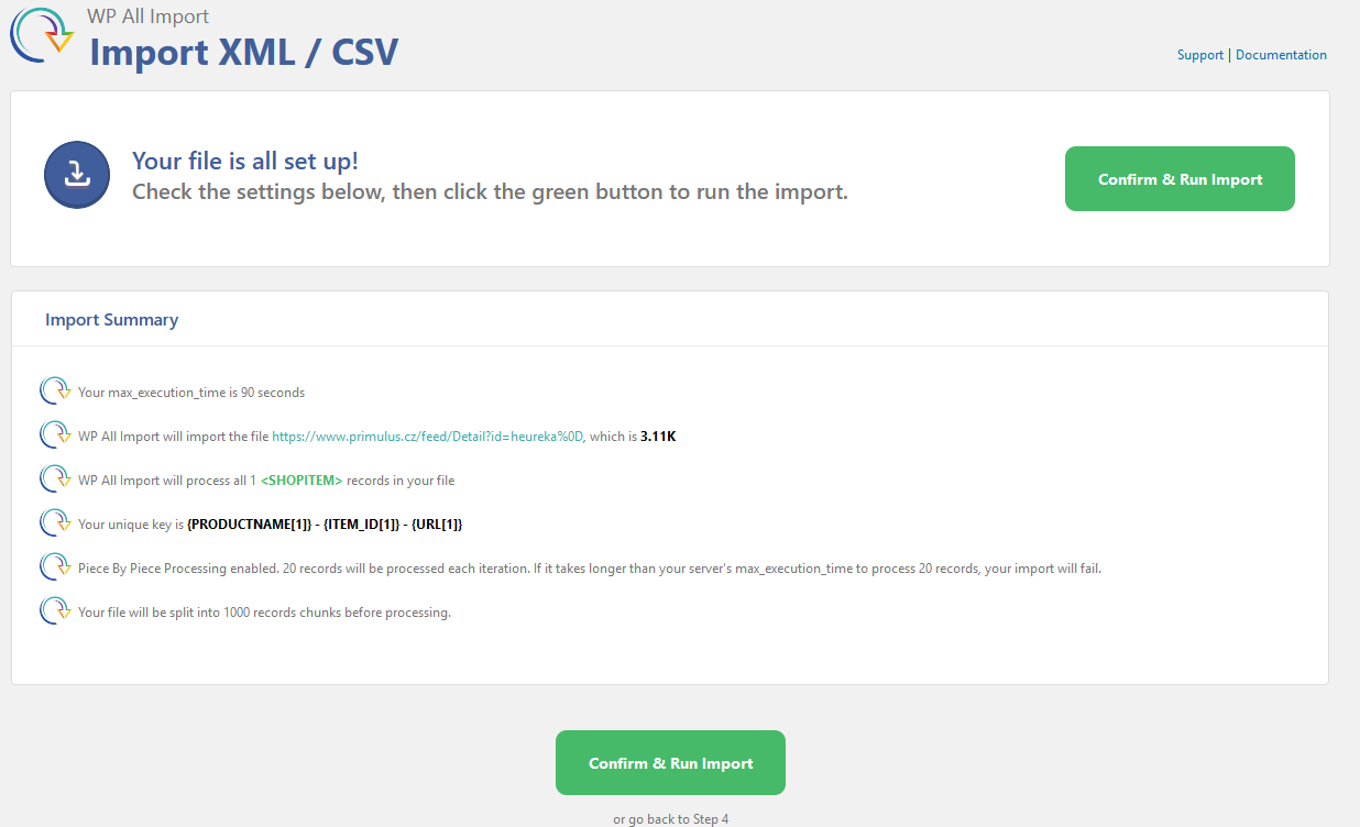 WP All Import - Import XML- CSV - potvrzení importu dat (produktů) z feedu