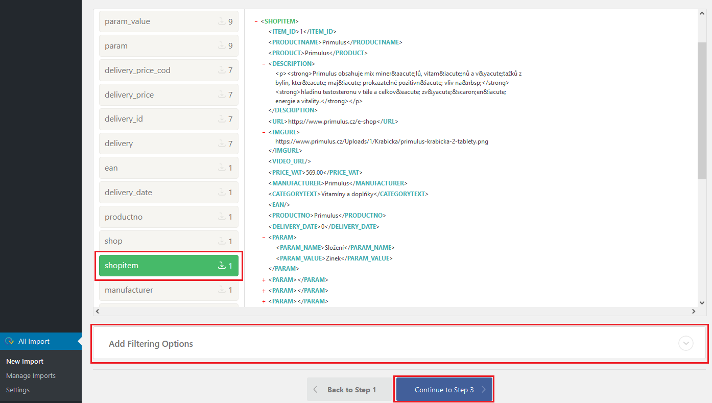 WP all import - shopitem (obsahuje informace o produktu)