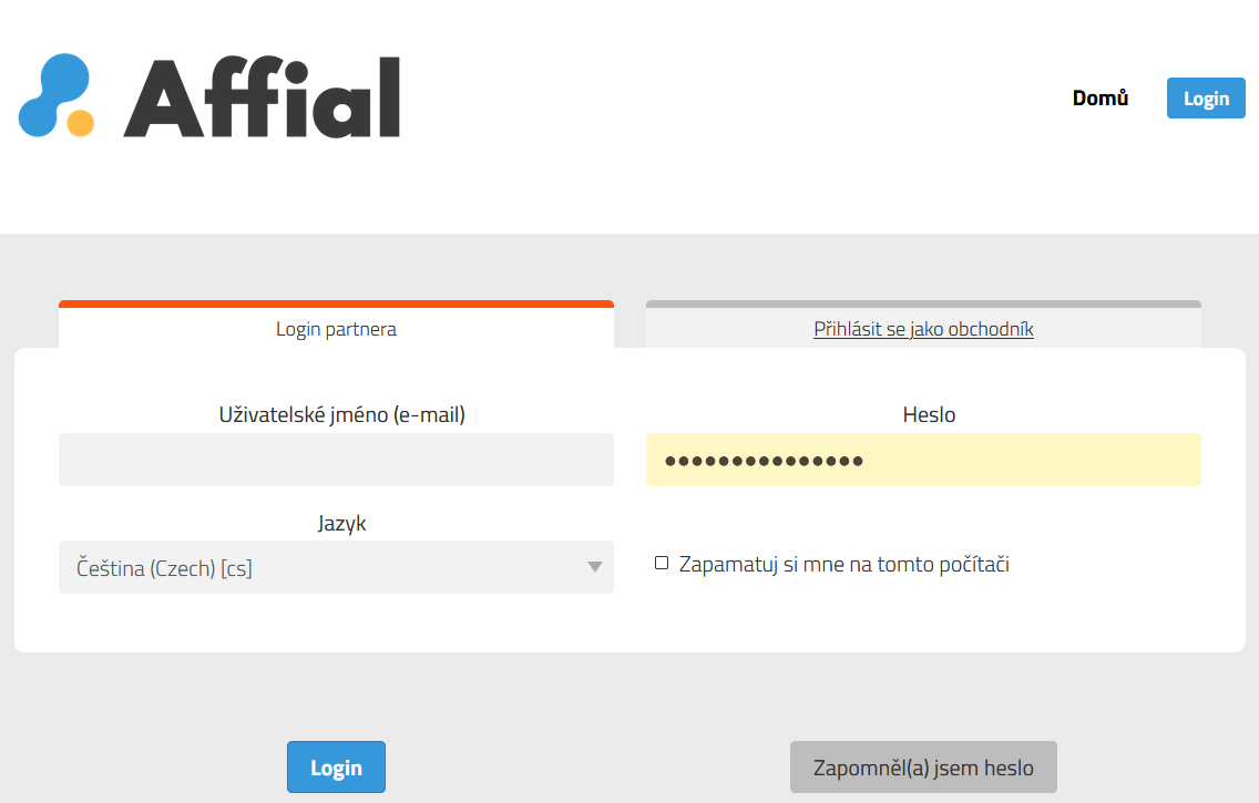 Přihlášení do administrace Affialu