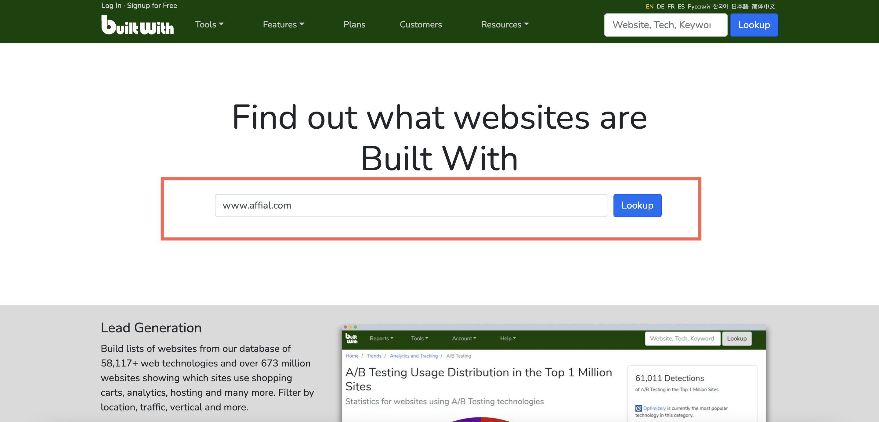 BuiltWith - monitoring technologií Affial