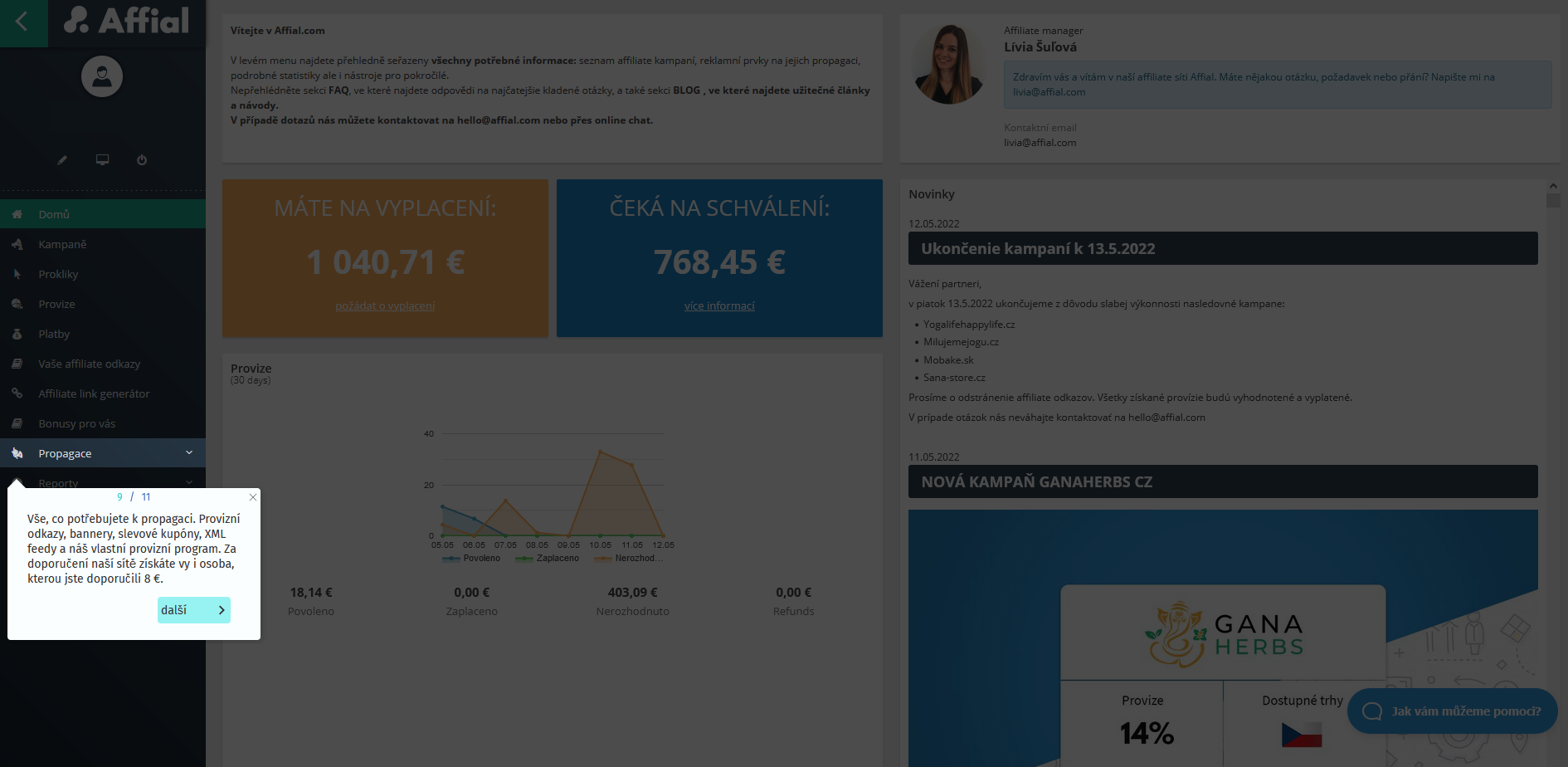dashboard ukázka nápovědy
