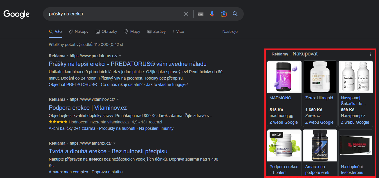 výsledek Google shopping reklamy