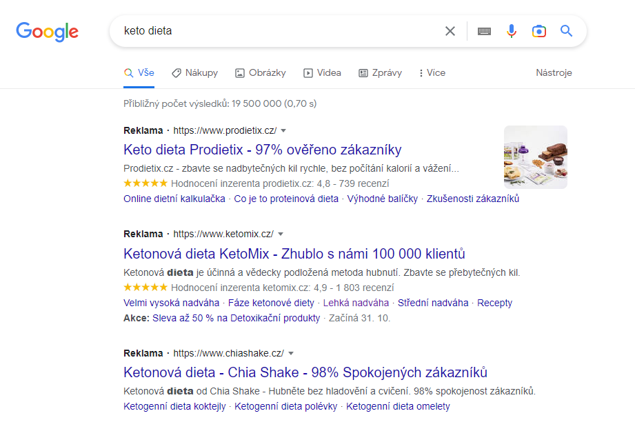 výsledky PPC v google vyhledávači