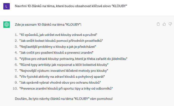 Navrhni 10 článků na téma, které budou obsahovat klíčové slovo KLOUBY