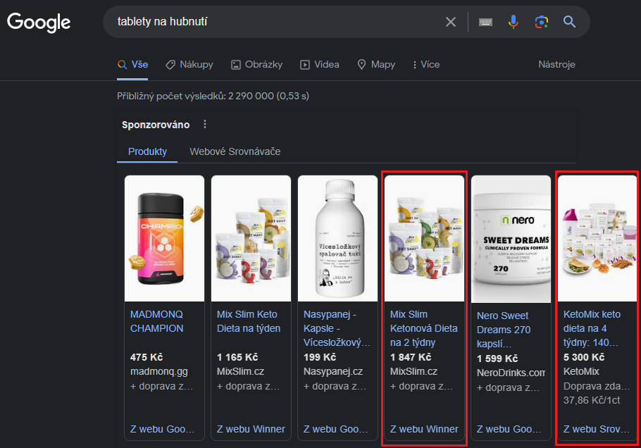 Ukázka Google Shopping