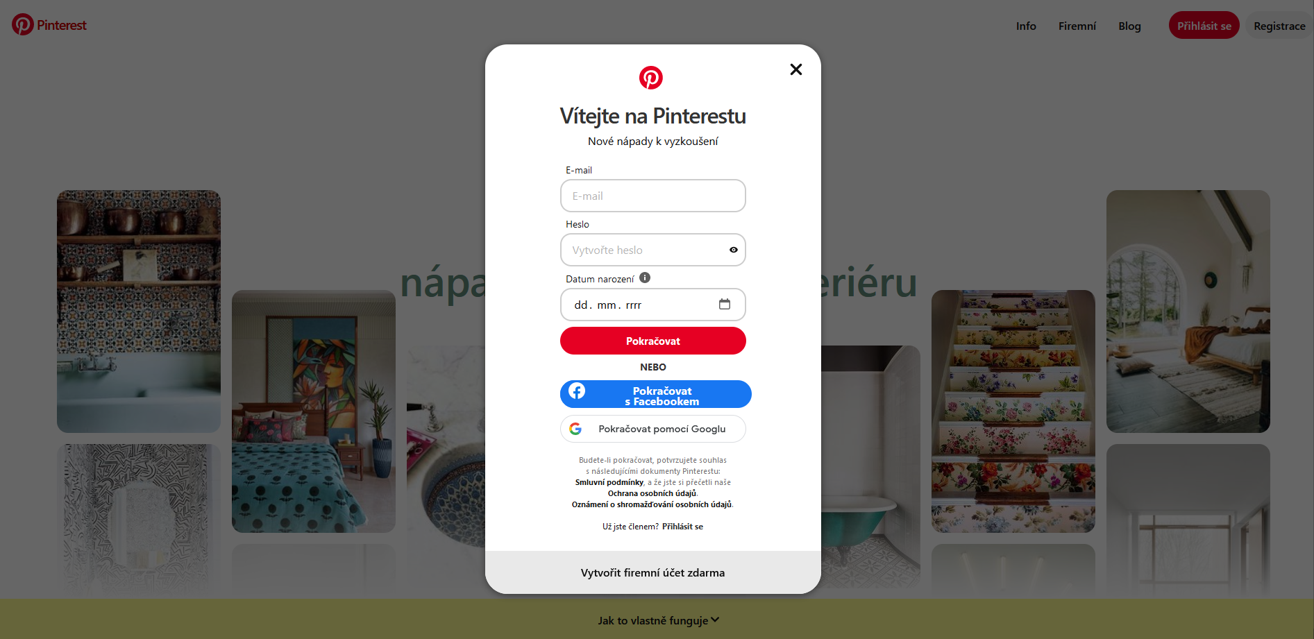 Pinterest registrace